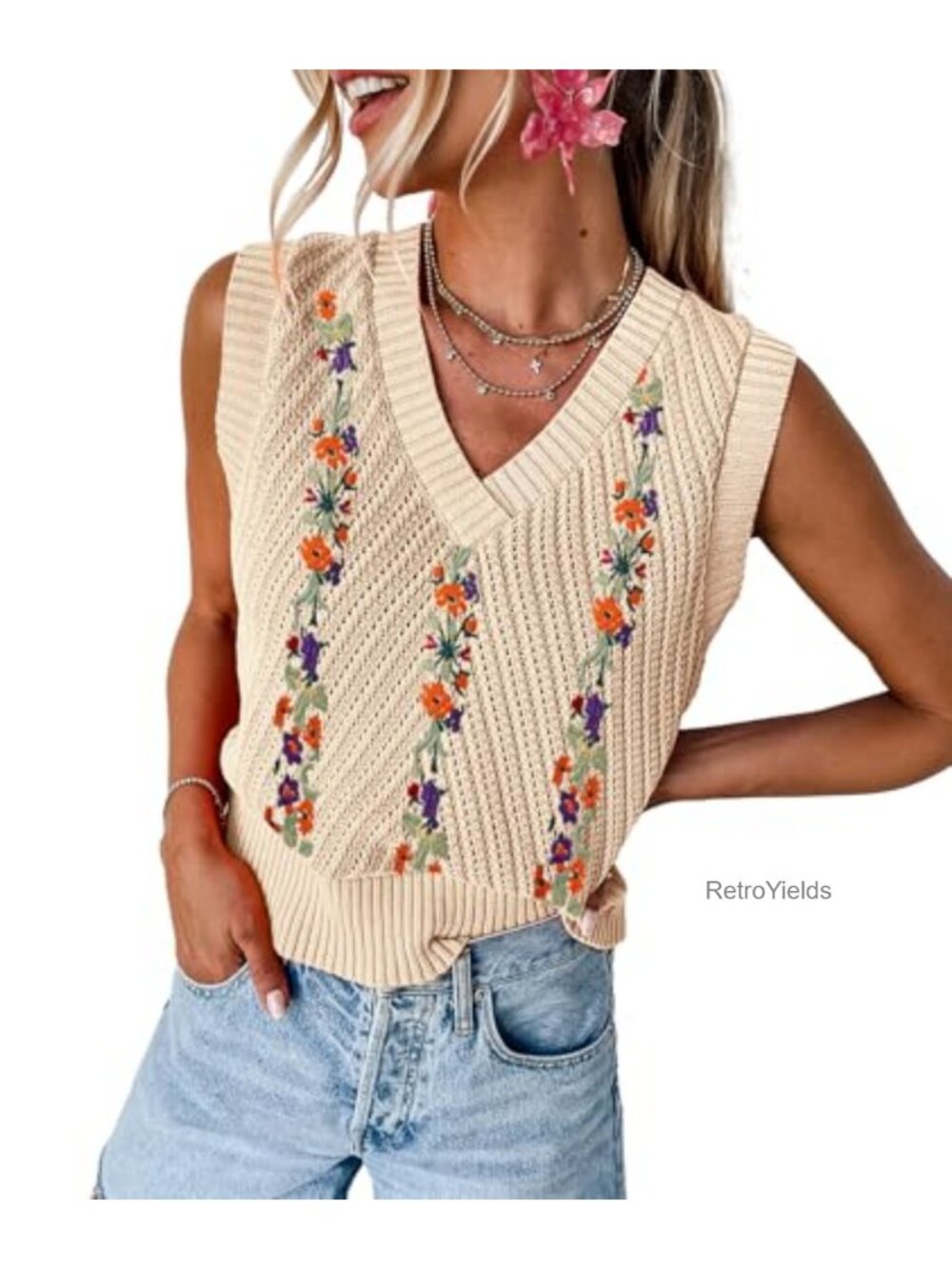 Women's Sleeveless Knit Sweater Vest V-Neck Colorful Pullover Fall